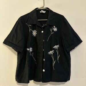 Black Floral Embroidered Button-Up Shirt